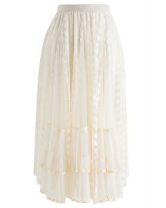 Lace Pleated Mesh Asymmetric Skirt in Cream