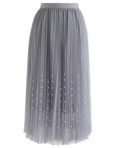 Falda plisada de perlas de tul de malla de doble capa en gris