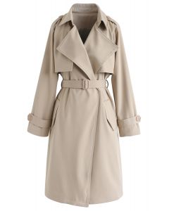 Open Front Pockets Belted Coat in Sand