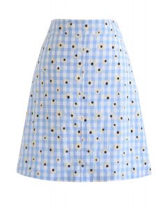 Summer Daisy Printed Gingham Bud Skirt in Blue