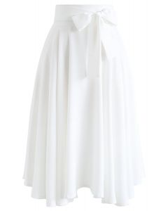 Flare Hem Bowknot Waist Midi Skirt in White