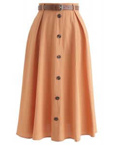 Buttoned Belted A-Line Midi Skirt in Orange