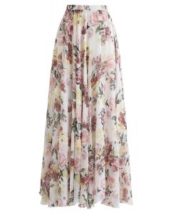 Falda larga floral de colores brillantes en crema