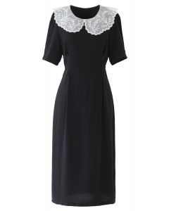 Vestido de chifón negro con cuello Peter Pan bordado