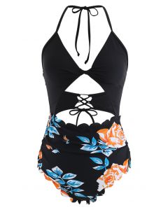 Twist Bust Lace-Up Scalloped Floral One-Piece Swimsuit