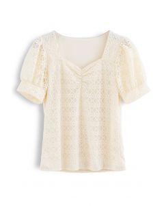 Ruched Front Sweetheart Neck Lace Top in Cream