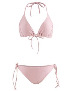 Self-Tied String Halter Bikini Set in Dusty Pink