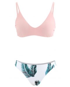 Conjunto de bikini de pierna de corte alto con estampado de hojas y tiras ajustables en rosa