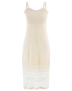 Vestido camisero de punto con dobladillo empalmado de malla a rayas en color crema