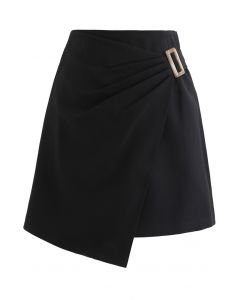 Side Ruched Belt Asymmetric Mini Skirt in Black