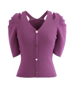 Cutout Shoulder Button Down Fitted Knit Top in Violet
