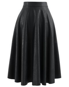 Falda midi de corte A con relieve de cocodrilo de piel sintética en negro