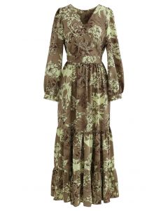 Floral Land Wrap Ruffle Maxi Dress in Tan