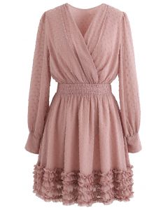 V-Neck Flock Dots Ruffle Chiffon Dress