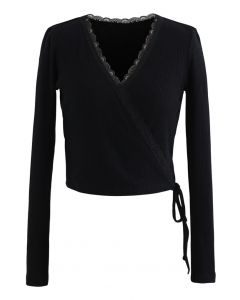 Lace Trim Wrap Knit Top in Black