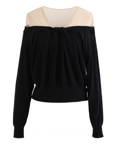 Mesh Shoulder Drape Neck Knit Sweater in Black
