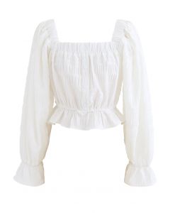 Square Neck String Button Crop Top in White