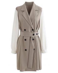 Contrast Color Double-Breasted Chiffon Trench Coat in Light Tan