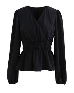 Puff Sleeves Chiffon Peplum Top in Black