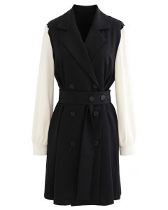 Contrast Color Double-Breasted Chiffon Trench Coat in Black