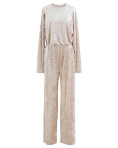 Shiny Velvet Long Sleeves Top and Pants Set in Ivory