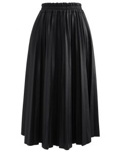 Faux Leather Pleated A-Line Midi Skirt in Black