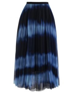 Color-Block Mesh Tulle Pleated Midi Skirt in Blue