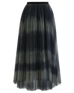 Color-Block Mesh Tulle Pleated Midi Skirt in Olive