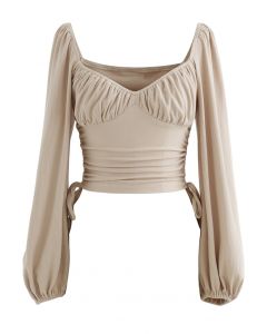 Side Drawstring Sweetheart Neck Crop Top in Tan