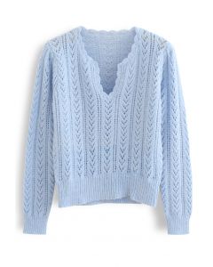 V-Neck Hollow Out Soft Touch Knit Sweater in Blue