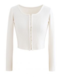 Ribbed Knit Buttoned Crop Top in White