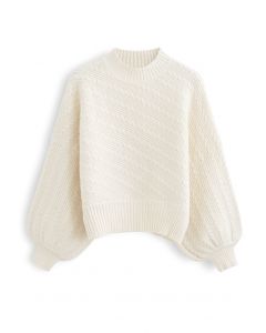 Batwing Sleeves Braid Knit Sweater in Cream