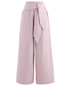Self-Tie Waist Knit Wide-Leg Pants in Pink