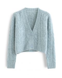 V-Neck Fuzzy Knit Crop Cardigan in Mint