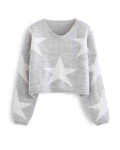 Star Pattern Cropped Roll-Hem Sweater