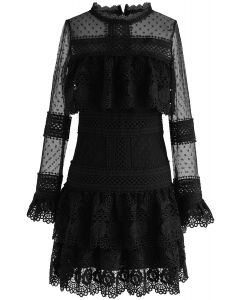 Sweet Destiny Tiered Crochet Mesh Dress in Black