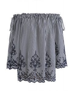 Top sin hombros bordado con rayas dobles de bowknot en azul marino