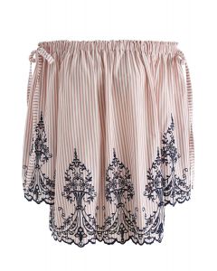 Top sin hombros bordado con rayas dobles de bowknot en rosa