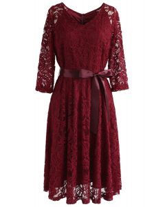 Reminisce Autumn V-Neck Lace Dress in Red
