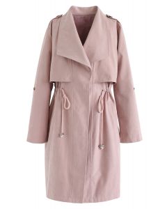 Drawstring Waist Longline Trench Coat in Pink