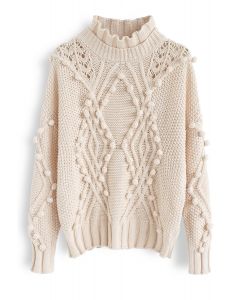 Hollow Out Pom-Pom Cable Knit Sweater in Cream