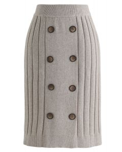 Button Ribbed Knit Pencil Skirt in Sand