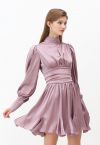 High Neck Puff Sleeves Satin Ruffle Dress in Lilac