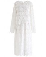 Conjunto de blusa y falda de ganchillo de girasol completo en blanco