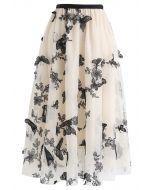 Falda midi de malla de doble capa 3D Butterfly en color crema