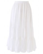 Pintuck Crochet Frill Hem Cotton Skirt in White