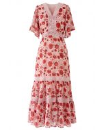 Vestido de gasa con volantes de croché floral rojo