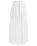 Frill Hem Full Floral Lace Midi Skirt in White
