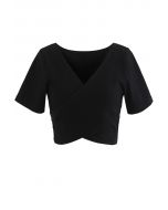 Crisscross Front Short Sleeves Ribbed Top in Black