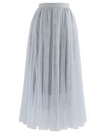 Falda midi de tul de malla con encaje de girasol en azul polvoriento